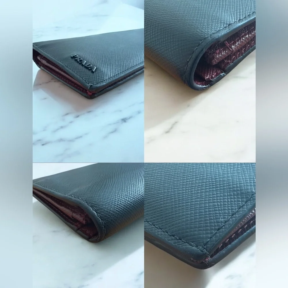 PRADA Saffiano Leather Long Wallet Black Burgundy Multi-Color‎ Interior